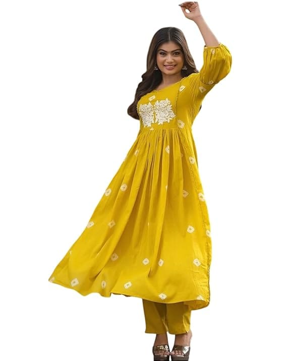 Women's Cotton Printed Long Anarkali Kurti with Pant