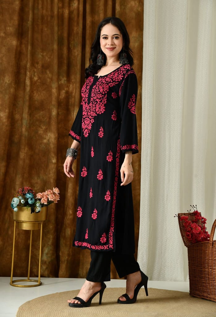Black Kurta with Intricate Chikankari Work - Pink