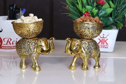 Metal Elephant Dry Fruit Bowl Showpiece Gold Polish