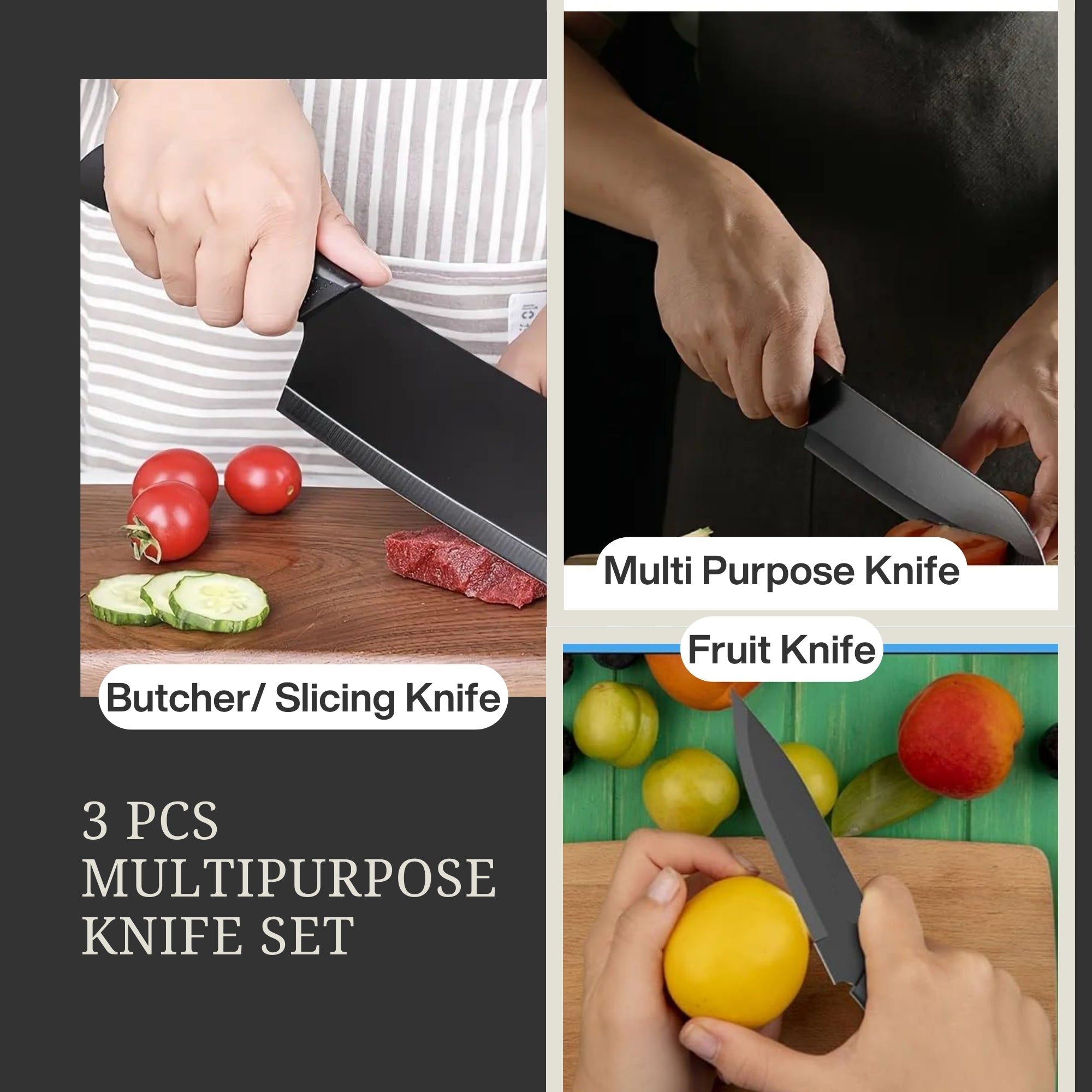 3-Piece Multipurpose Knife Set with Sheaths Kitchen, Chef, and Fruit Knives Green