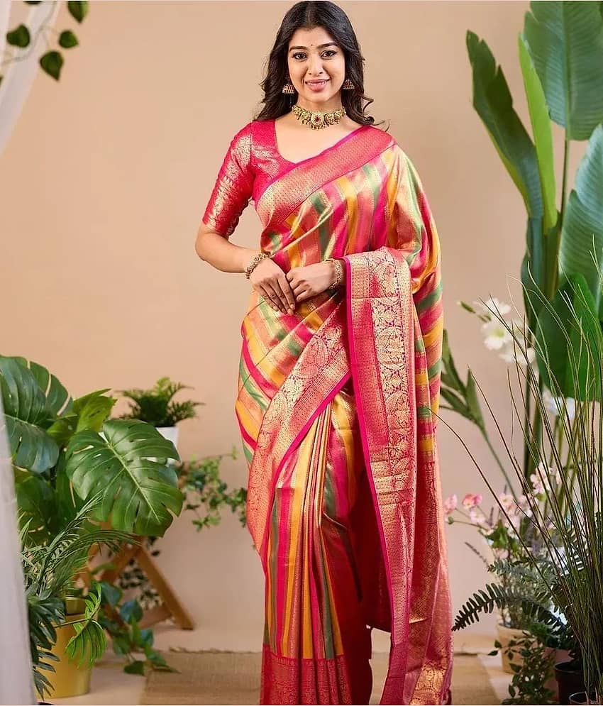Semore Art Silk Embellished Banarasi saree With Unstitched Blouse Piece ( Pink )