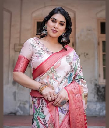 Almaari Fashion Cotton Silk Printed Saree With Unstitched Blouse Piece ( Beige )