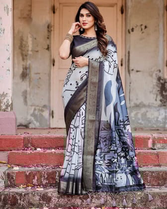 Monochrome Abstract Tussar Silk Saree with Charcoal Gray Zari Border-Regular