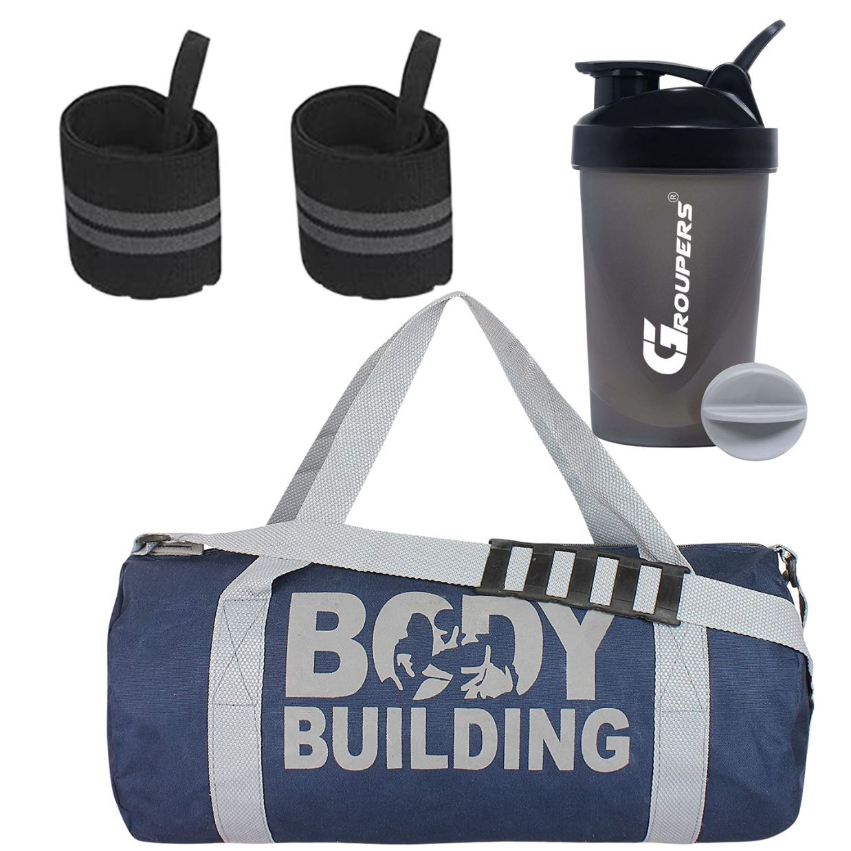 GROUPERS Duffle Canvas Bag with Shaker Bottle-400ml & Wrist BandlSports and Travel BaglSports Kitl (Blue)
