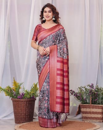 Maroon Banarasi Silk Saree with Intricate Patchwork Digital Print & Zari Border-Regular