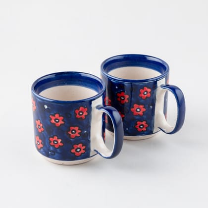 Blue Floral Ceramic Coffee Mug - Set of 2 (Small)-3 inches (Upper diameter) x 3.25 inches (Base diameter) x 3.35 inches (Height) / Blue / Red / Ceramic