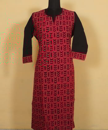 Black pink applique embroidered cotton kurta