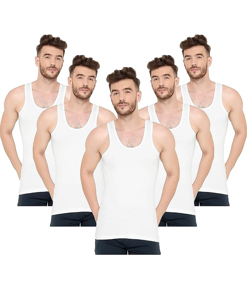 INNERO Pack of 5 Cotton Basic Vest For Men ( White )