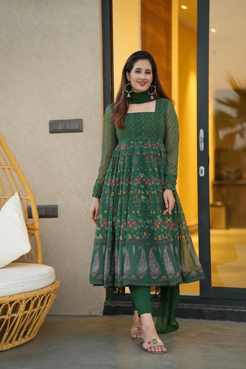 Sparkling Green Georgette Kali Cut Anarkali Suit Set-XXL