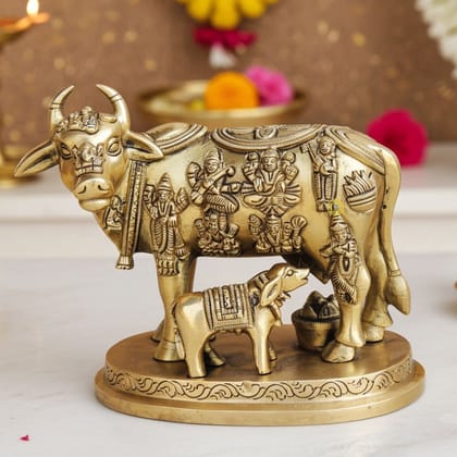 Brass Cow & Calf Statue - Symbol of Prosperity & Faith, Height : 5.2 Inch (BSMAS984 B)