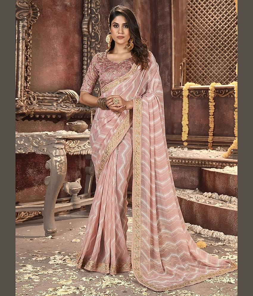 Nandini Creation Chiffon Printed Saree With Unstitched Blouse Piece ( Pink )
