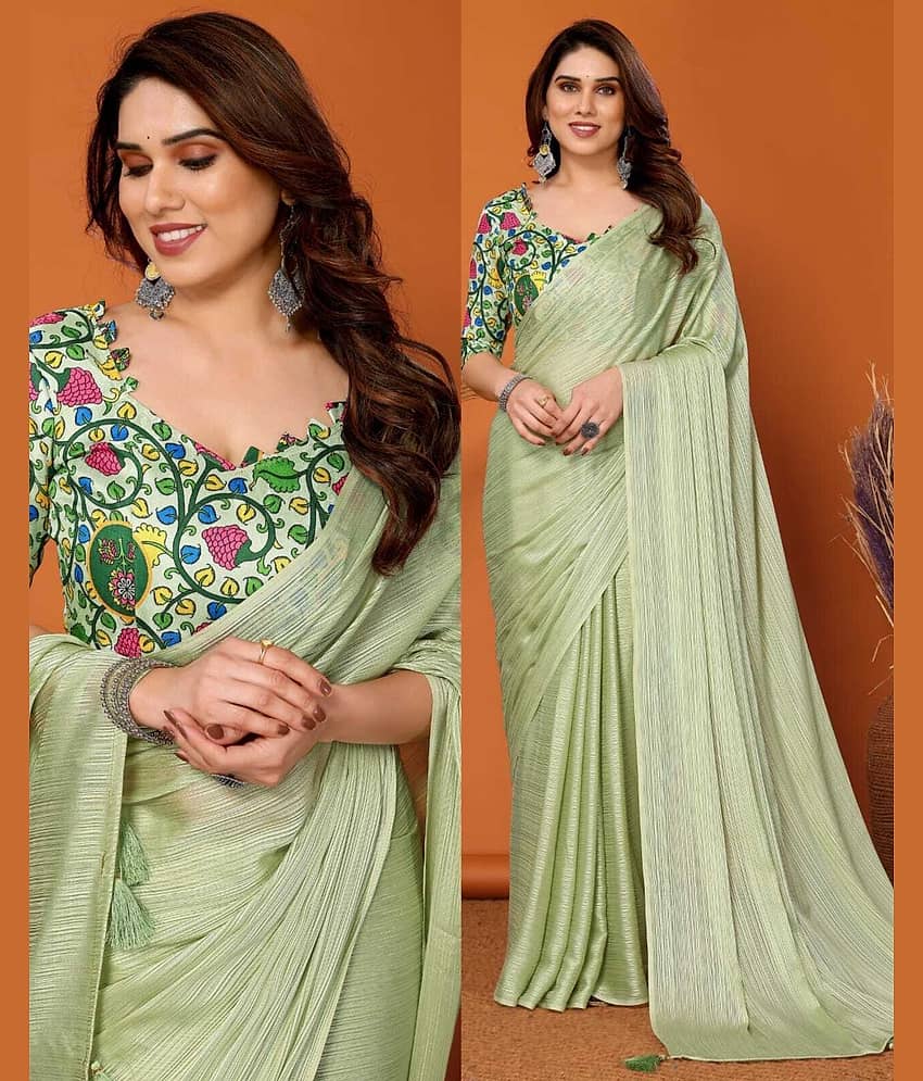 SARIK  FASHION Silk Striped Saree With Unstitched Blouse Piece ( Light Green )