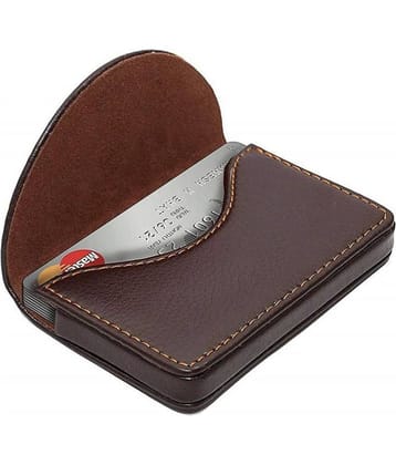 PU Leather Pocket Sized Stitched Business Credit Card Holder with Magnetic Shut - Brown