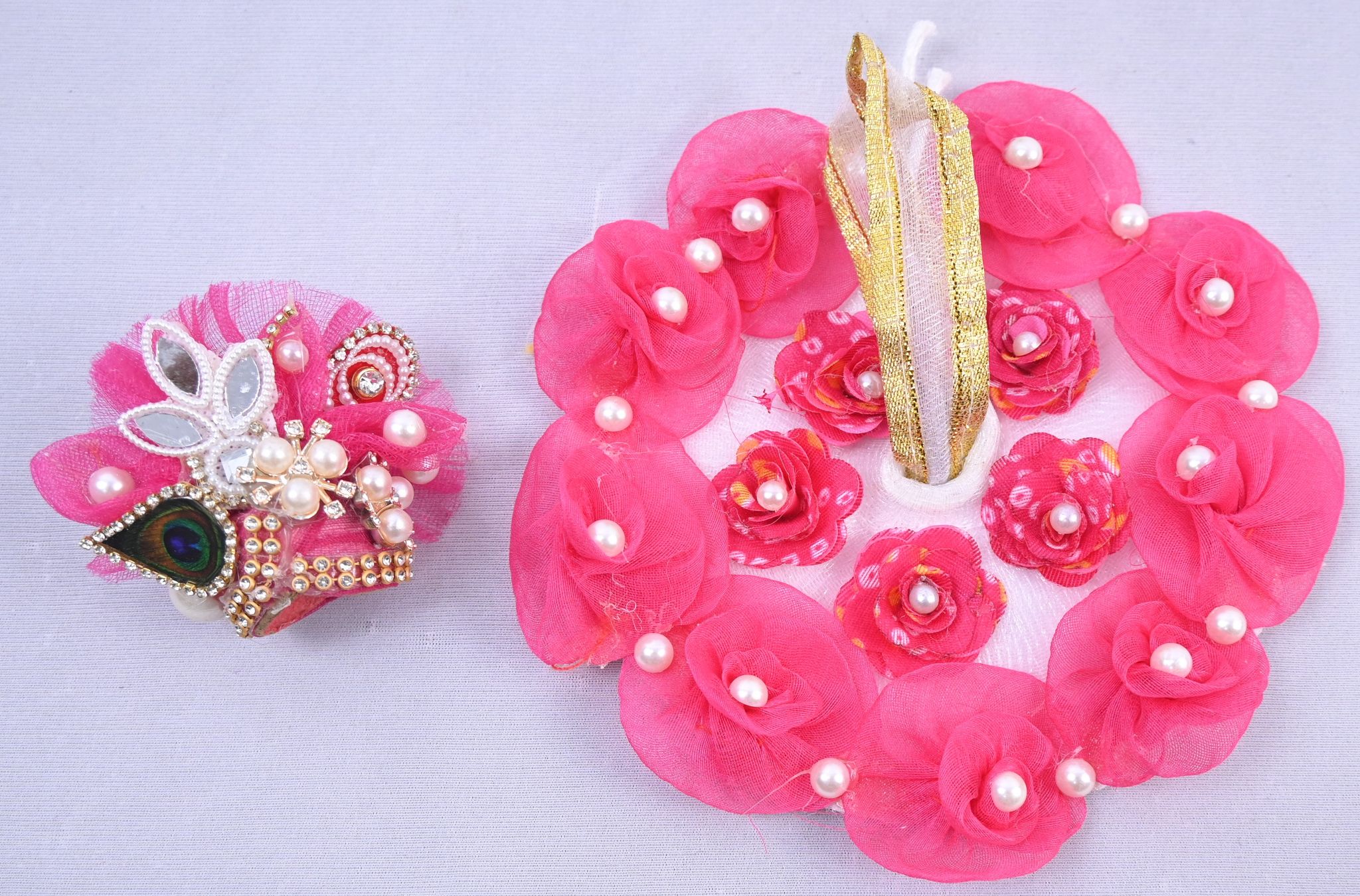Pink Floral Pearl Peacock Designer Laddu Gopal Dress Set