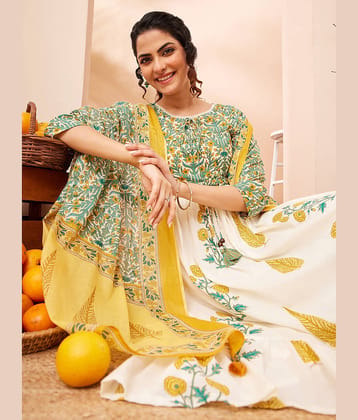 Janasya Women Cotton Printed A-line Kurti With Pants ( Off White )