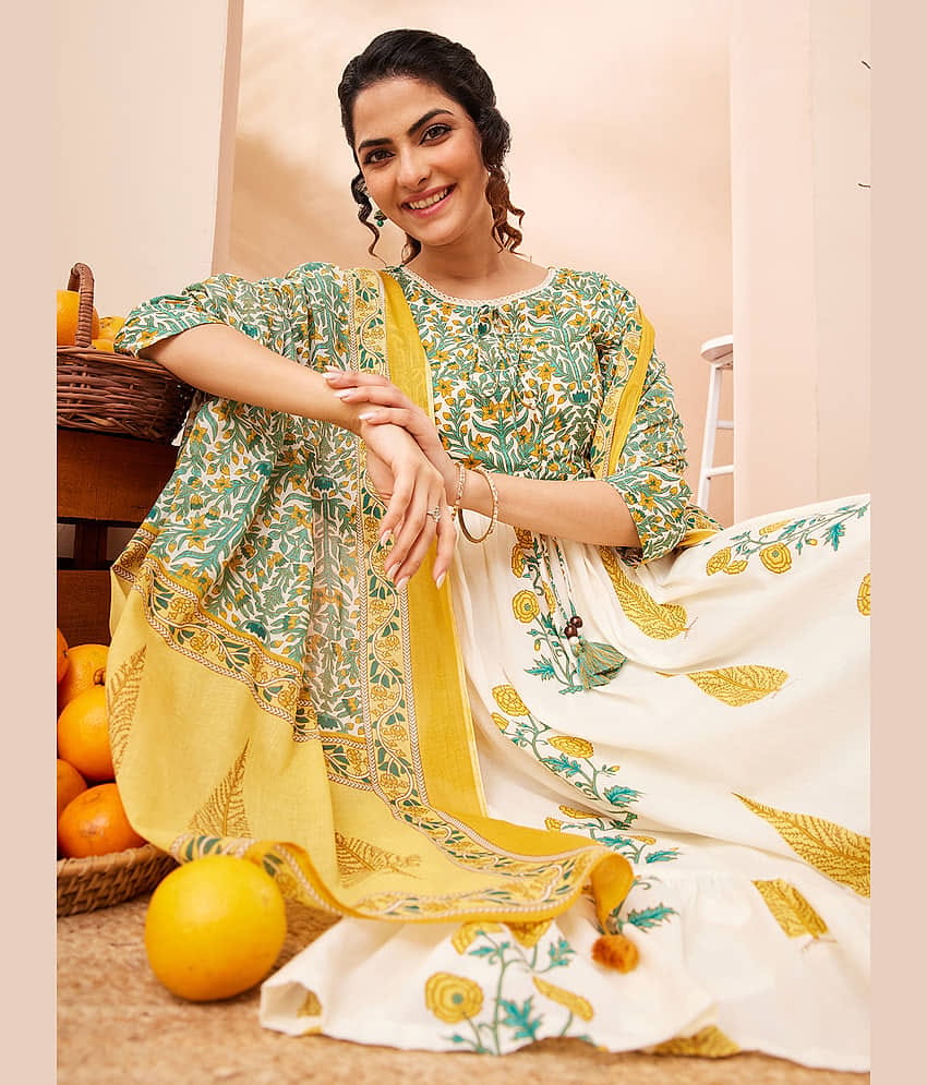 Janasya Women Cotton Printed A-line Kurti With Pants ( Off White )
