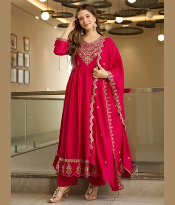 Niza Fashion Women Silk Embroidered Straight Kurti With Pants ( Pink )
