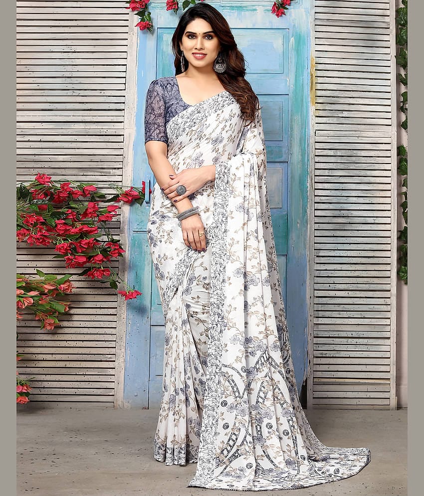 Samah Georgette Printed Saree With Unstitched Blouse Piece ( White )