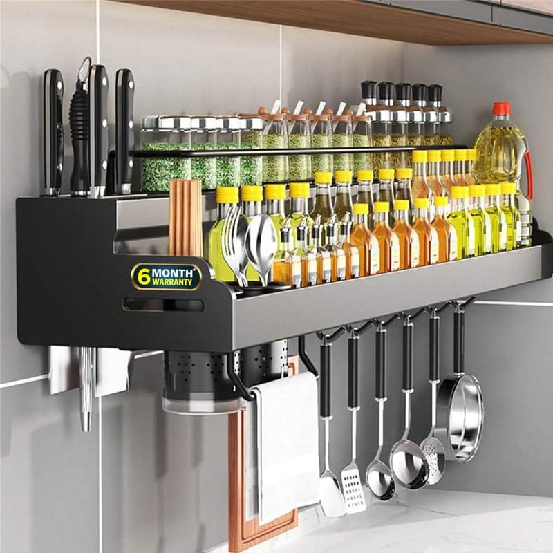 iBELL Multifunctional Wall-Mounted Kitchen Storage Organizer Rack with Spice Shelf, Utensil Hooks & Holder -