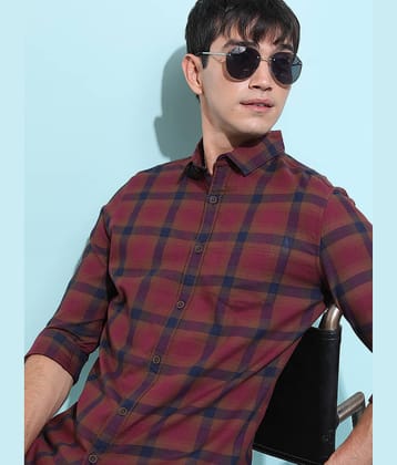 Highlander Cotton Blend Slim Fit Checks Full Sleeves Men's Casual Shirt - Burgundy ( Pack of 1 )