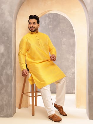 Men's Silk Blend Contrast  Thread Embroidered Yellow Kurta with  Pyjama-46