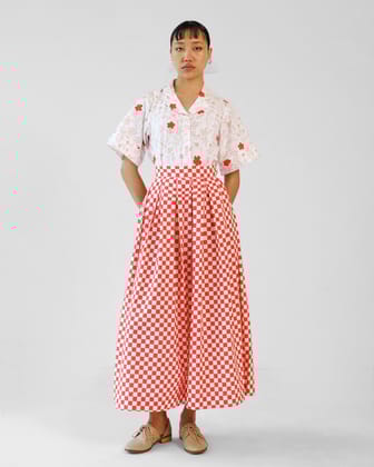 Red Checks Printed Cotton Shirt Skirt Set of 2-XS