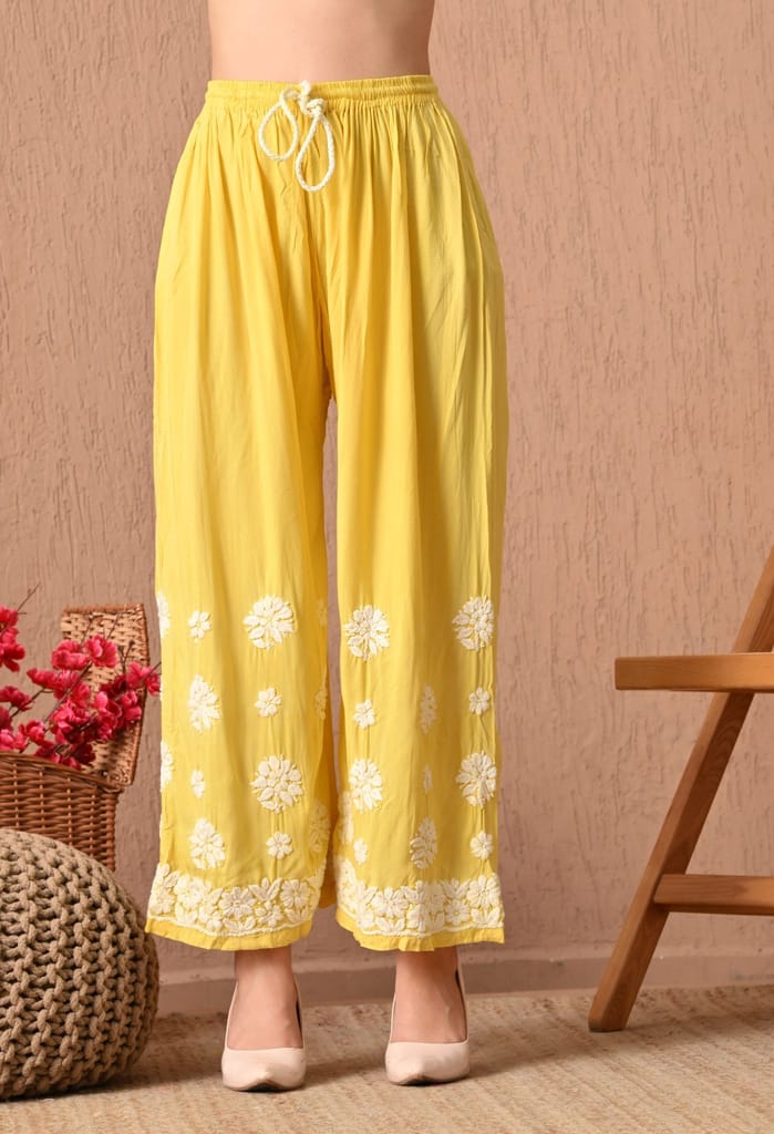 Hand Embroidered Chikankari Plazo Set 3d Work- Yellow