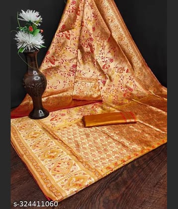 NENCY FASHIONS Silk Woven Banarasi saree With Unstitched Blouse Piece ( Gold )