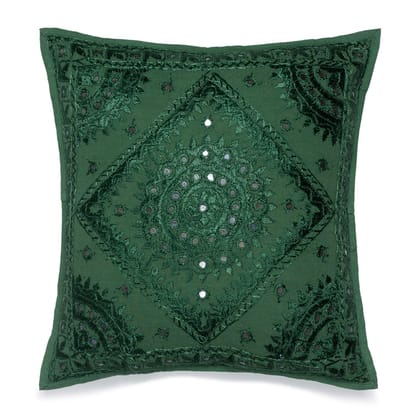 Moss Green Cotton Mirror Embroidered Cushion Cover Pack of 1 16x16 Inches