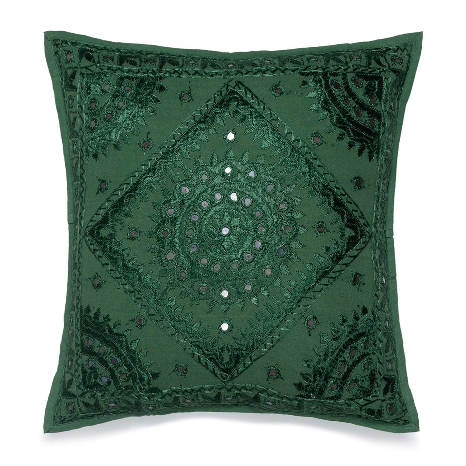 Moss Green Cotton Mirror Embroidered Cushion Cover Pack of 1 16x16 Inches