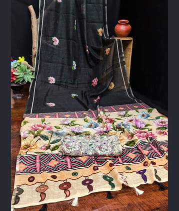 Kashvi Sarees Linen Printed Regular Saree With Unstitched Blouse Piece ( Brown )