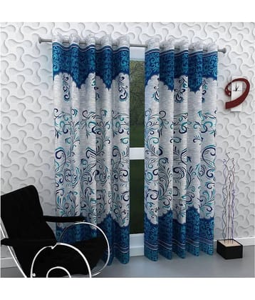 Phyto Home Floral Semi-Transparent Eyelet Door Curtain 7 ft Pack of 2 -Blue