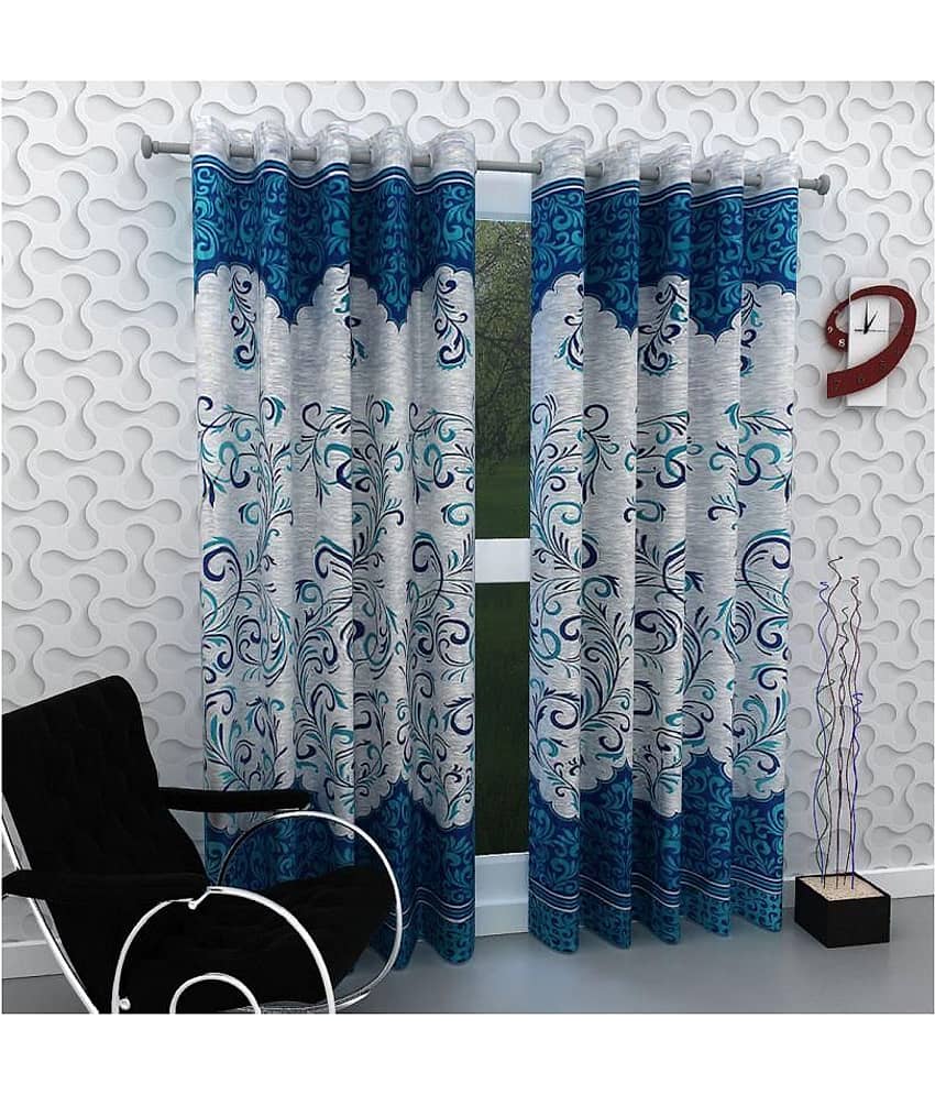 Phyto Home Floral Semi-Transparent Eyelet Door Curtain 7 ft Pack of 2 -Blue