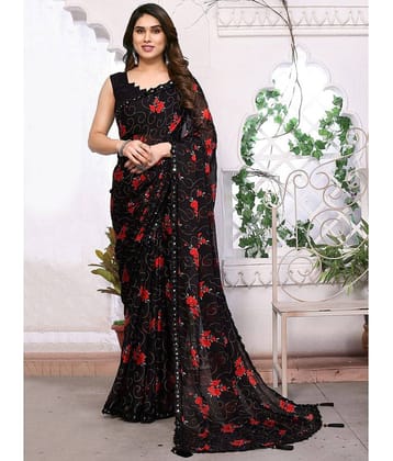 BLEESBURY Chiffon Printed Saree With Unstitched Blouse Piece ( Teal )