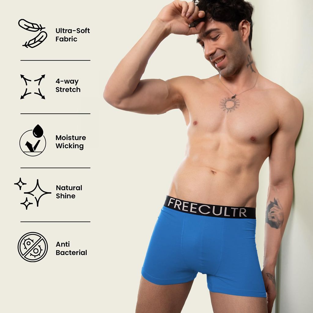 Freecultr Men's Underwear Organic Cotton (Ultrasoft Waistband) Premium Snug-Fit Trunk Pack of 2-Black,Brilliant Blue