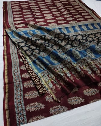 Lehrayein Chanderi Silk Blush Wine Ajrakh Printed Saree