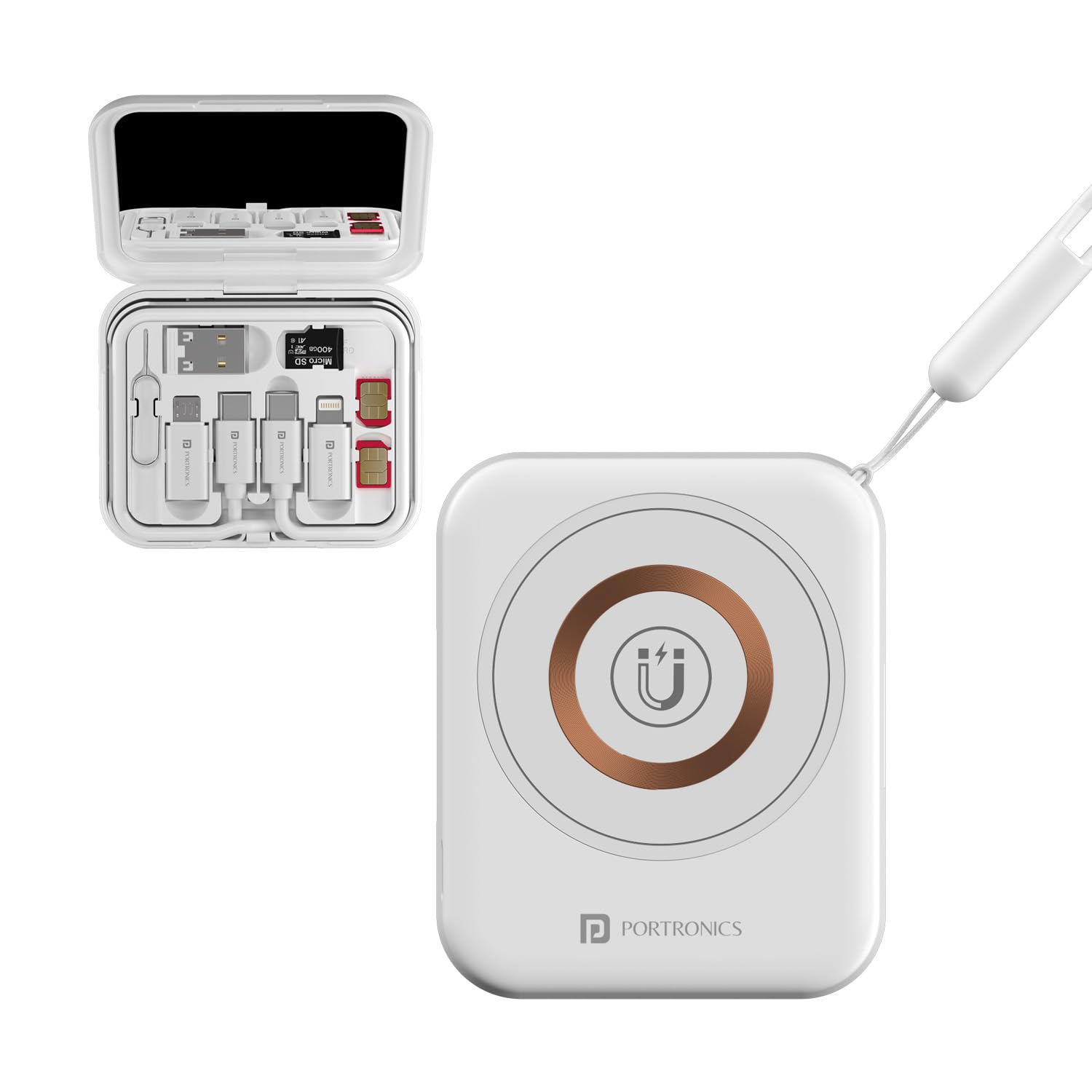 Portronics Smartpod 3 in 1 Wireless Charger With Multifunctional Cable Kit and Cleaning Kit, Makeup Mirror, 60W Type C Cable, Mobile Stand, 5 in 1 Cleaning Kit, 15W Wireless Output, Light Weight (White)