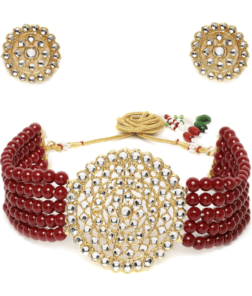 PUJVI - Maroon Alloy Necklace Set ( Pack of 1 )