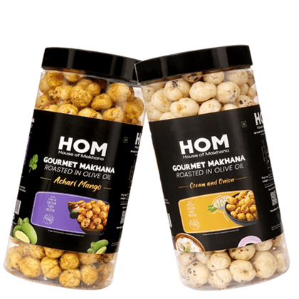 GOURMET MAKHANA Roasted in Olive Oil | Flavors Cream and Onion & Achari Mango | Combo Of 2, 65g Each. - 130 gm