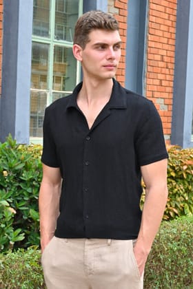 Avrum - Textured Cotton Solid Shirt - Black-M-32 / BLACK