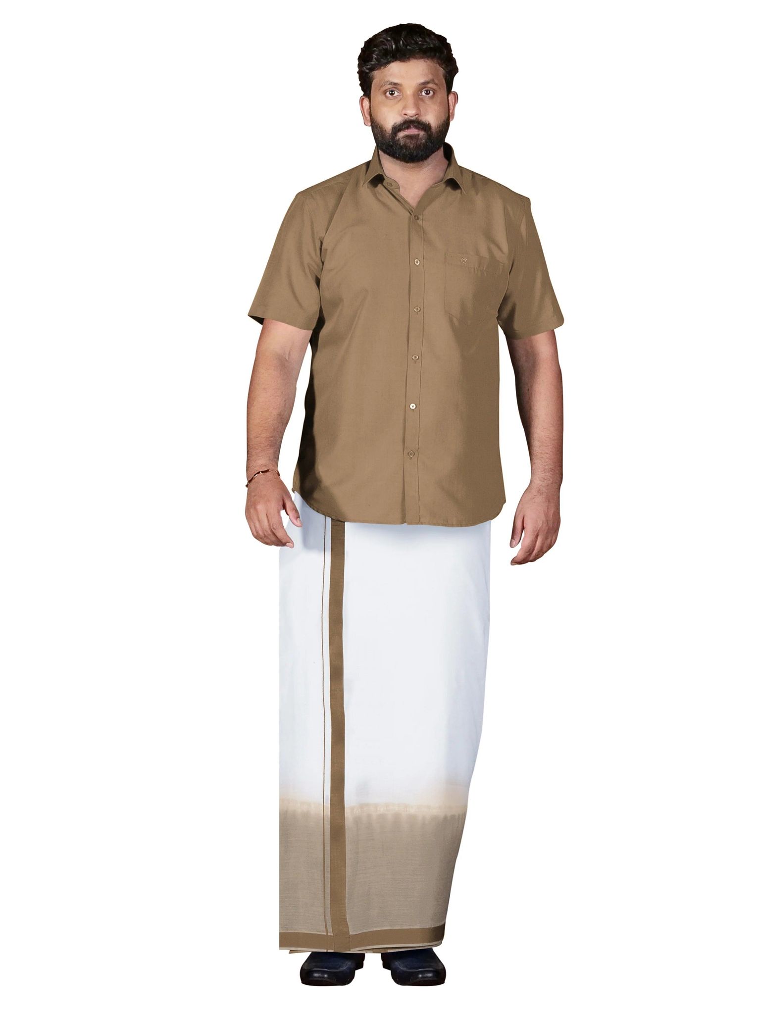 Brown Two Tone Double Dhothie + Shirt Set Half Sleeve 43004-38