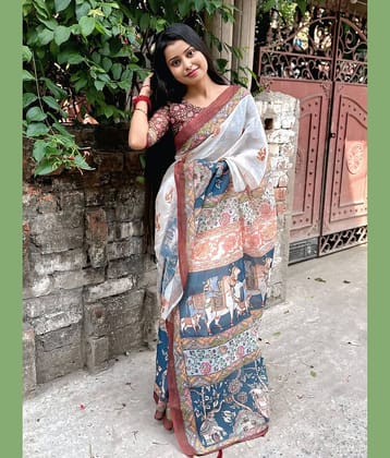 ANAND SAREES Cotton Printed Kasavu Saree With Unstitched Blouse Piece ( Multicolor )