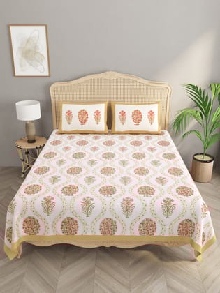 Extra Soft Percale Cotton Double King Floral Print Bedsheet with 2 Pillow Covers-Hand Block / Double King (90X108 Inches) / Regular