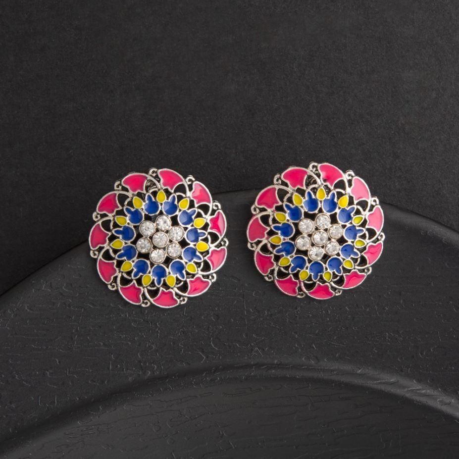 Oxidized Silver Plated Flower Shape Enamel Artwork Stone Stu