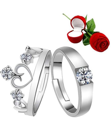 Silver Shine Silver Plated Adjustable Couple Ring with 1 Piece Red Rose Gift Box for Men and Women