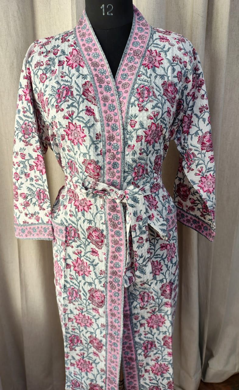Luxury Waffle Cotton Bathrobe – Unisex | Handblock Printed | Free Size