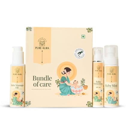 Pure Aura Soothing Care Trio | Baby Body Mist, Nourishing Massage Oil & SPF 30 Sunscreen | Calming Hydration & Sun Protection | Ayurvedic Skincare for Babies