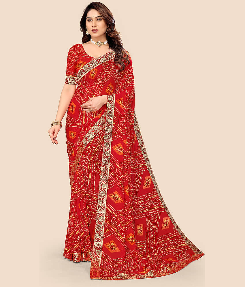 Kanooda Prints Georgette Printed Saree With Unstitched Blouse Piece ( Red,Pink )