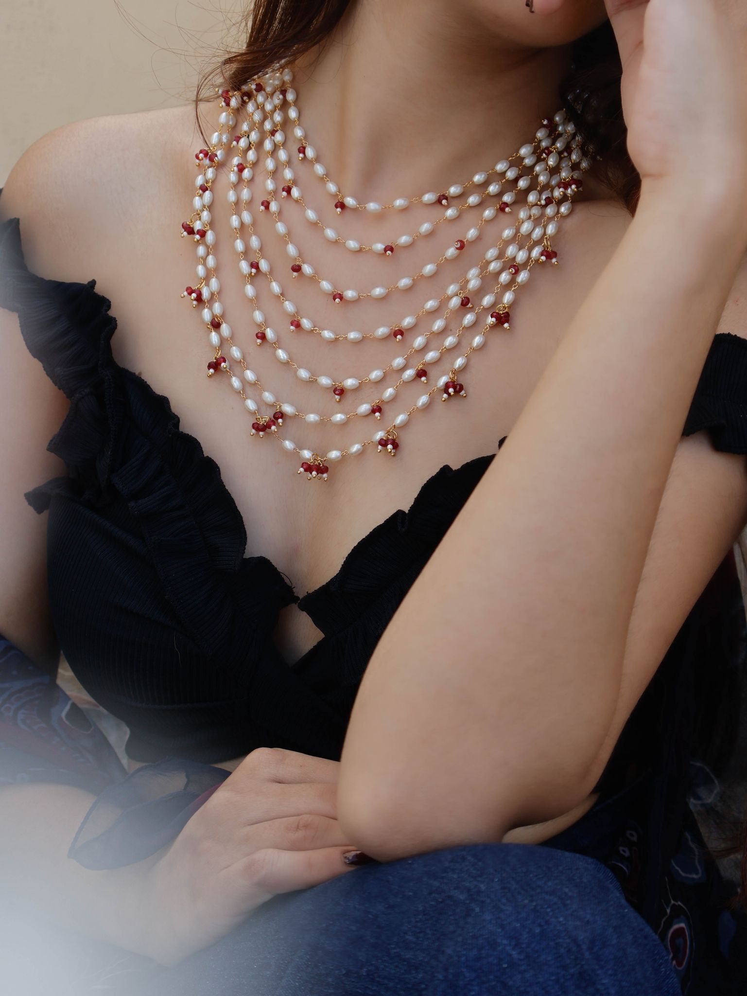 Uzaam Pearls Multilayered Necklace-Red