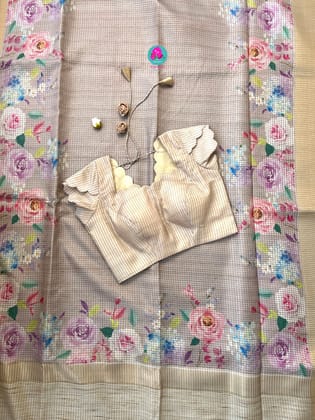 Tussar Zari Checks Saree with Pretty Floral Digital print paired with Blouse-2XS